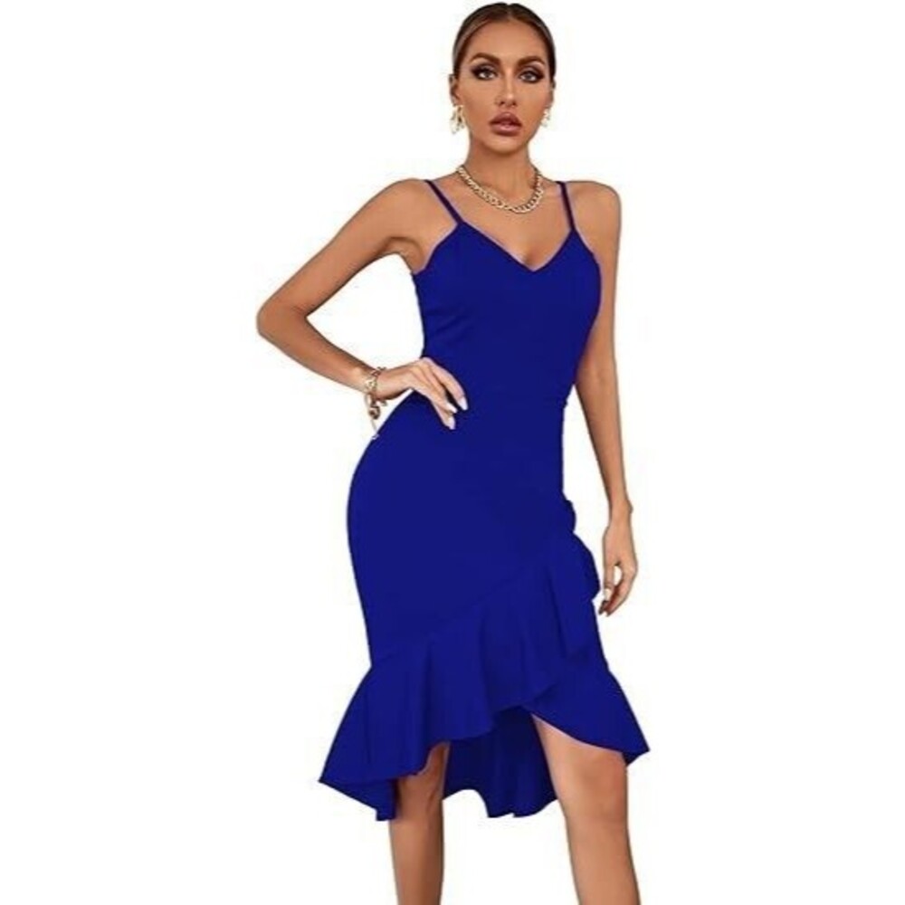 Women's Large Dress V Neck Asymmetric Ruffle Hem Spaghetti Strap Bodycon Blue D9